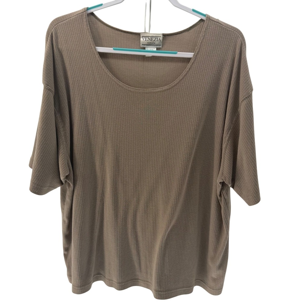 Venezia Vitale Knit Top Women 22/24 Taupe Ribbed Lagenlook Casual Minimalist 90s